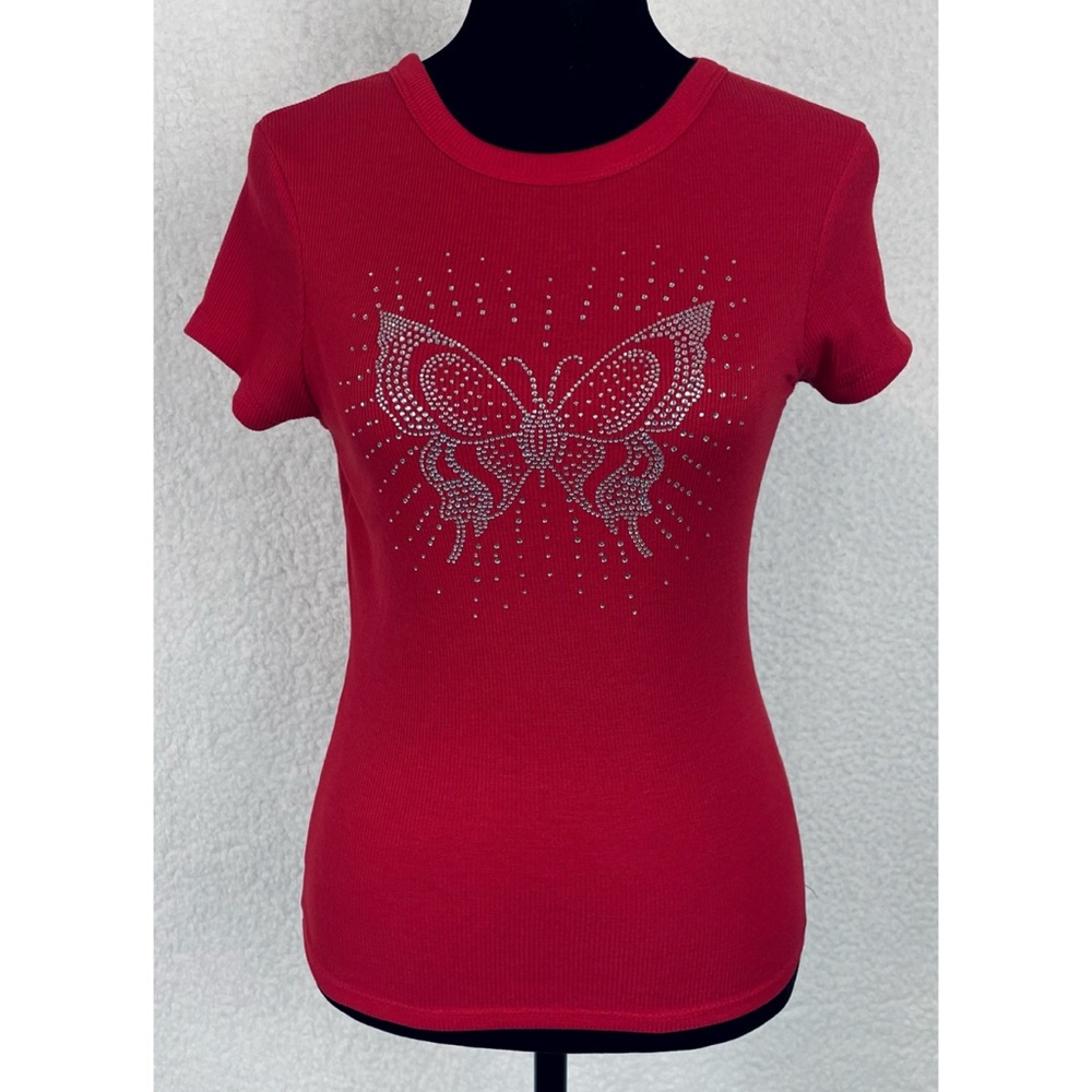 ORANGE KISS • Red/Silver Y2K Rhinestone Butterfly Ribbed Short Sleeve Tee, M - Picture 10 of 13